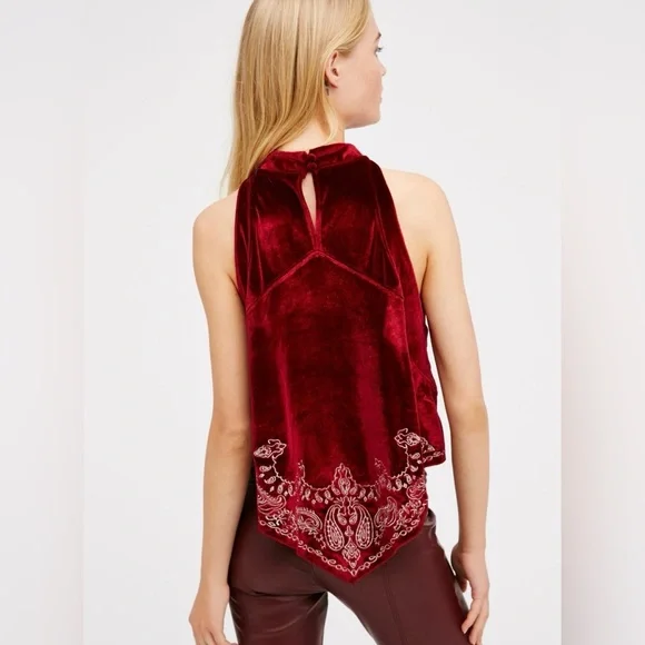 Free People Bandana Bling Velvet Tank XS Red Boho High Neck Festival Top - Picture 3 of 9
